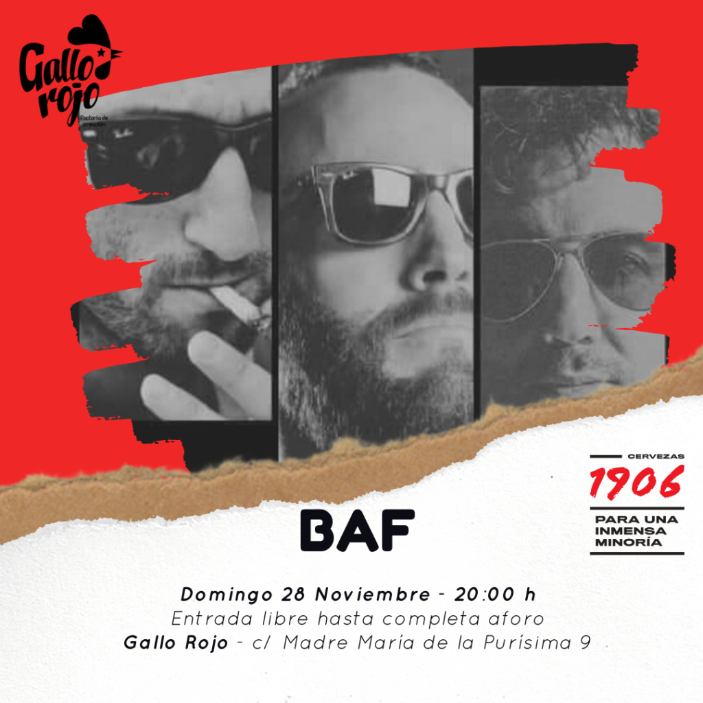 BAF es música totalmente improvisada. Los tres componentes Thibault Benoit (batería), Rafael Arregui (piano) y Pepe Frías (bajo) se arriesgan a todo durante este concierto.